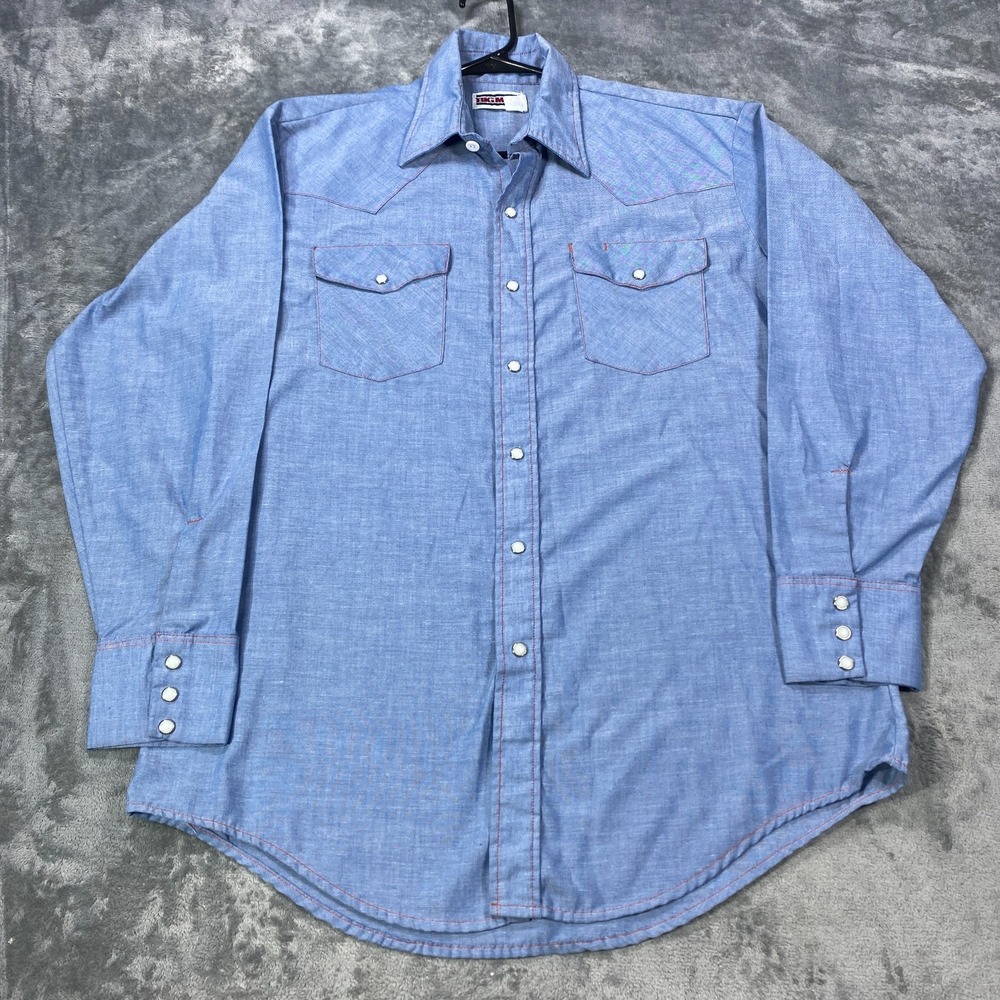 Vintage Big Mac Shirt Mens XL Blue Western Yoke Pearl Snap Made USA Cotton